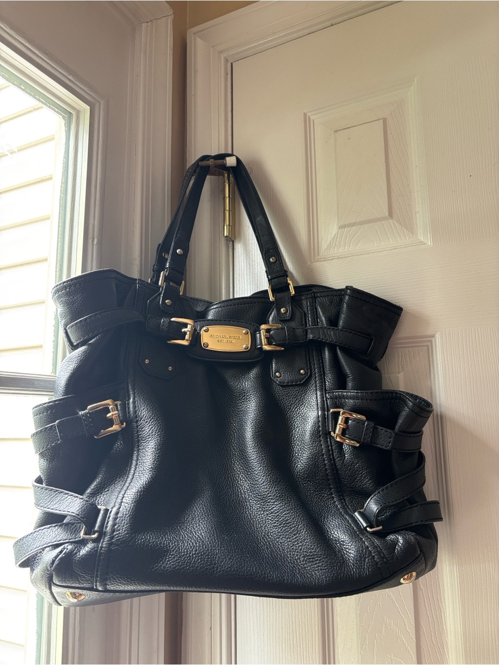 Michael Kors Black Leather Shoulder Bag with Gold Hardware